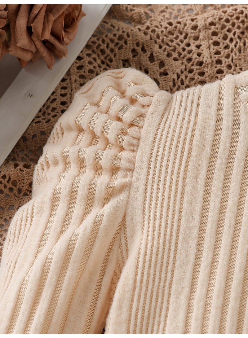 Smarties AE Girls Boutique Outfit Set, Beige Ribbed Knit Sweater with Puff Sleeves and Brown Faux Leather Skirt with Pearl Bow Detail, 3 Piece Long Sleeve Set - Image 5